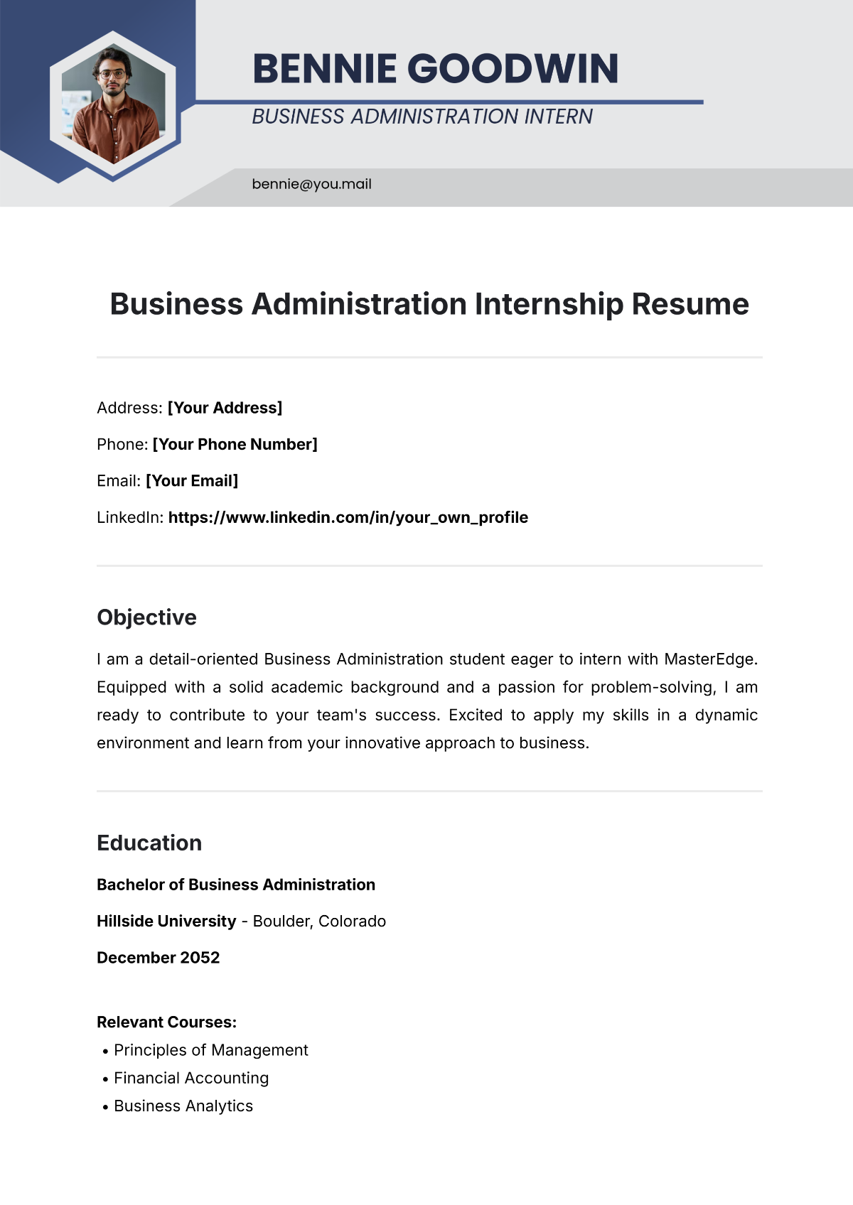 Business Administration Internship Resume Template - Edit Online & Download