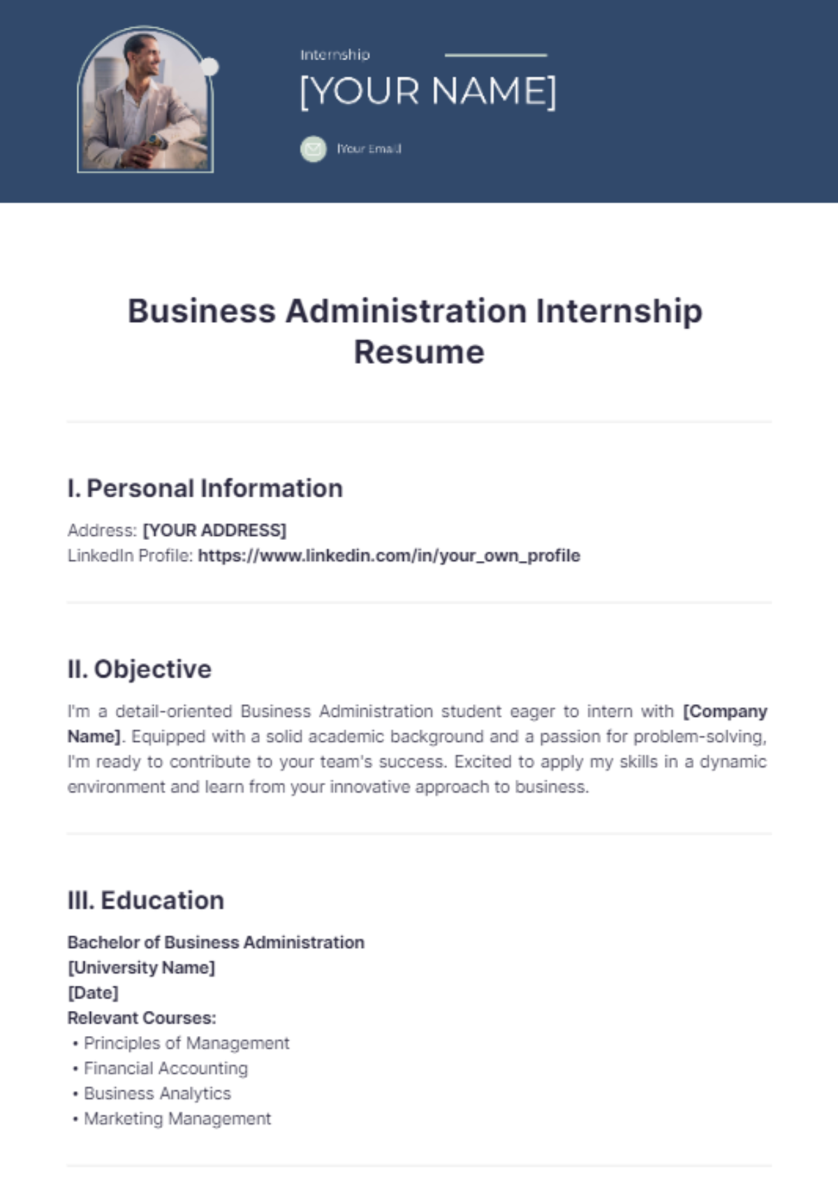 Business Administration Internship Resume - Edit Online & Download