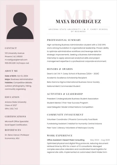 Free Business Administration Internship ATS Resume Template