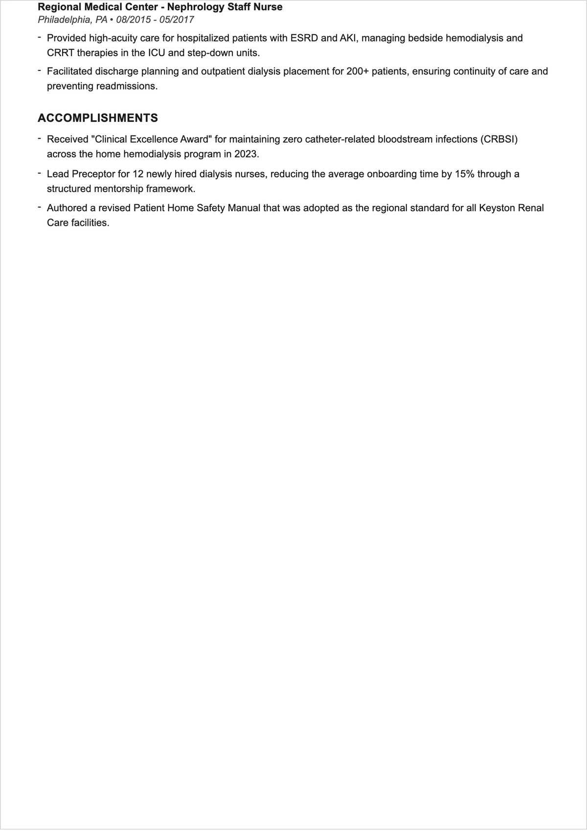 Free Home Dialysis Nurse ATS Resume Template, AI Resume Builder