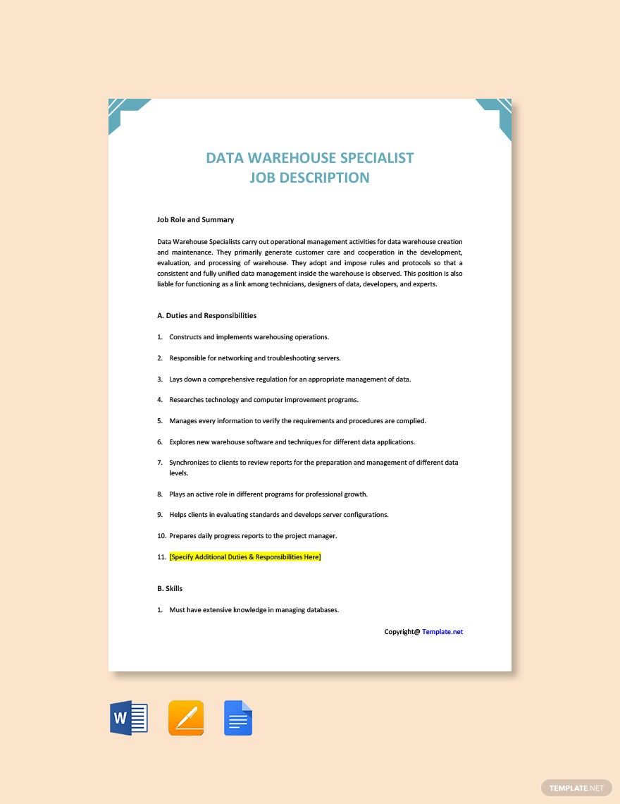 Data Warehouse Specialist Job Ad and Description Template