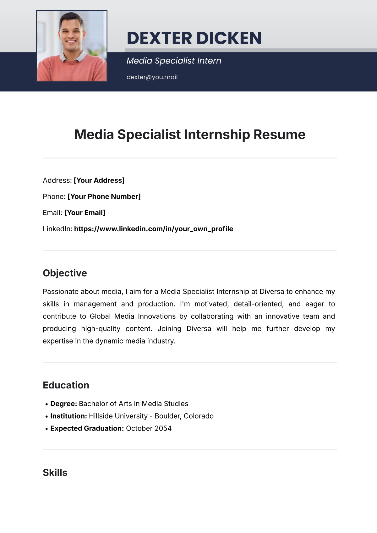 Media Specialist Internship Resume Template - Edit Online & Download