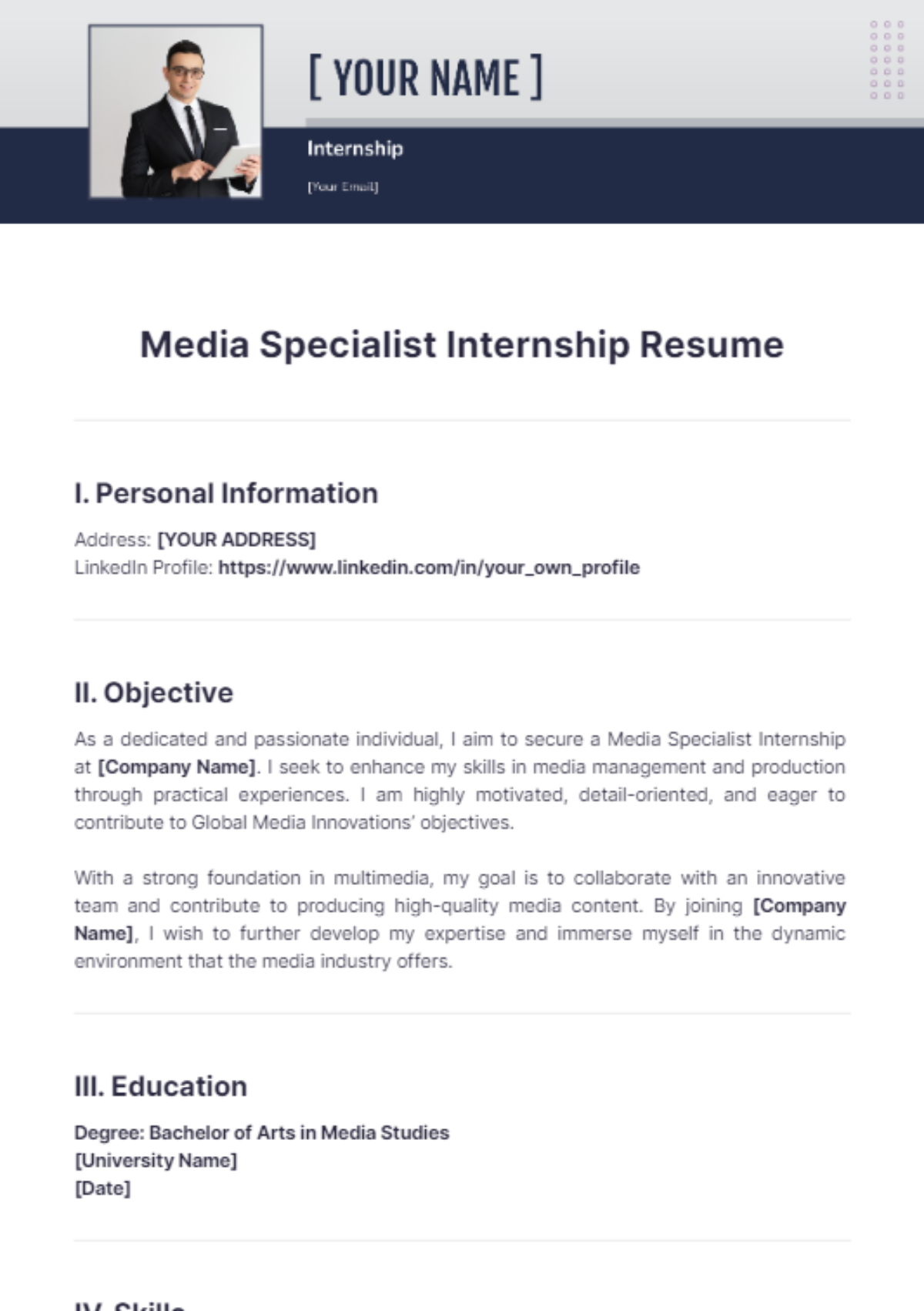 Media Specialist Internship Resume - Edit Online & Download