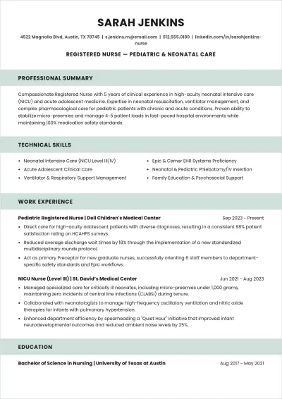Free Pediatric Nurse ATS Resume Template, AI Resume Builder