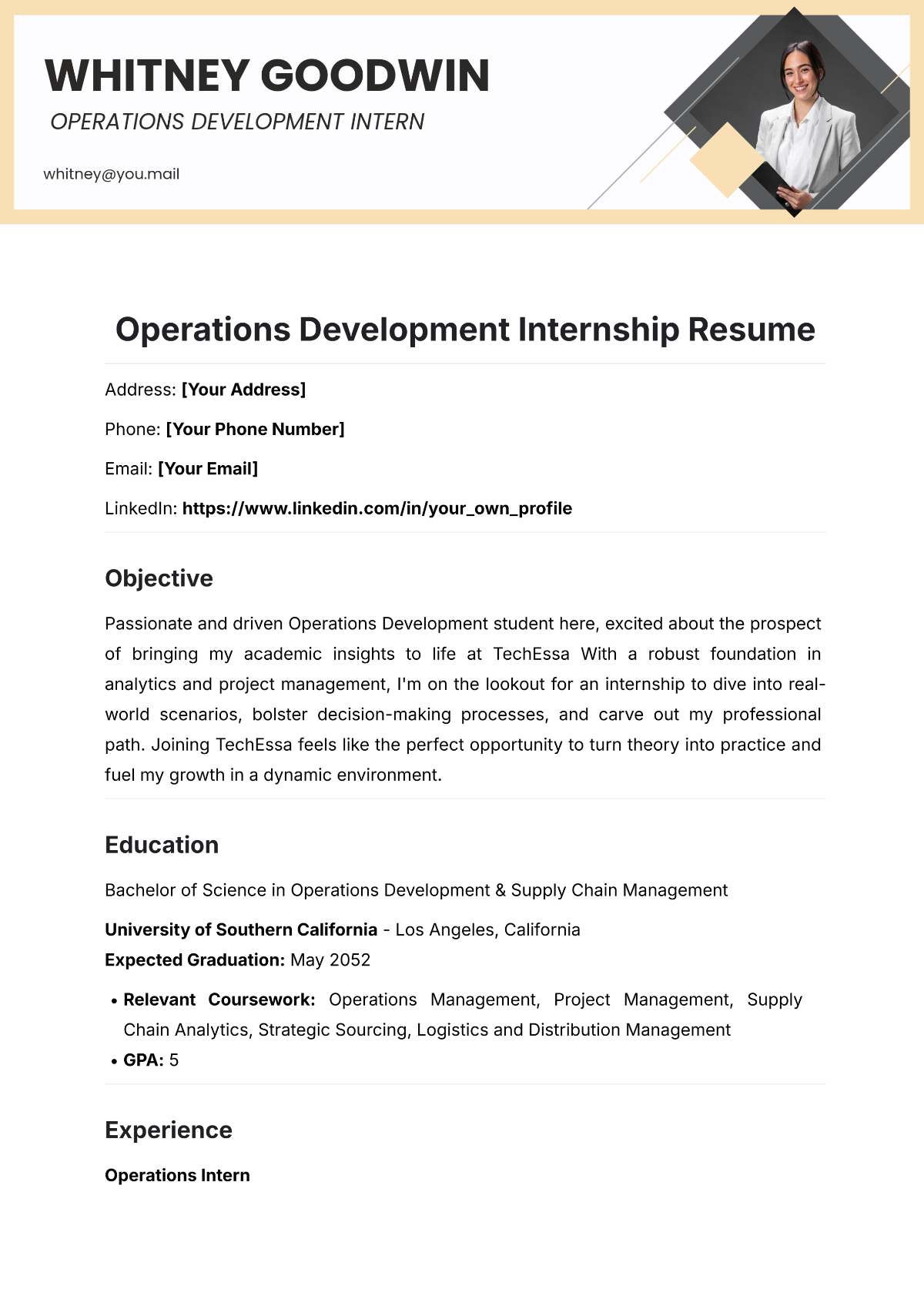 Operations Development Internship Resume Template - Edit Online & Download