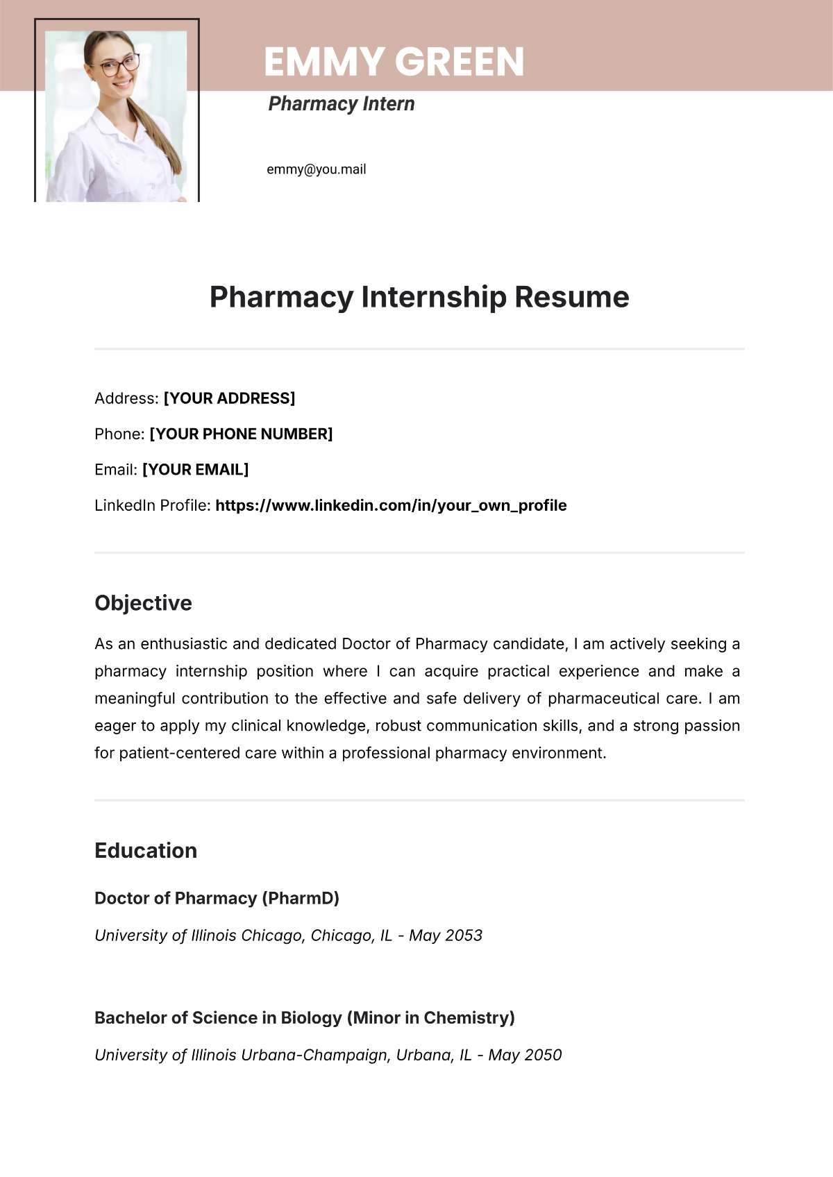 Pharmacy Internship Resume Template - Edit Online & Download