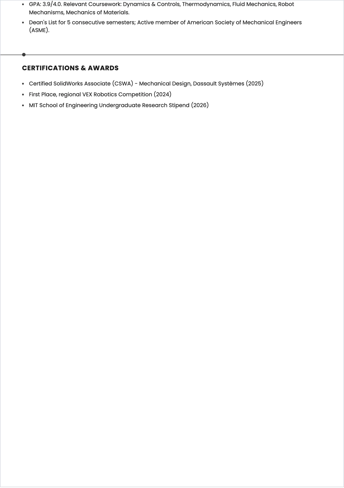 Free Mechanical Engineering Internship ATS Resume Template