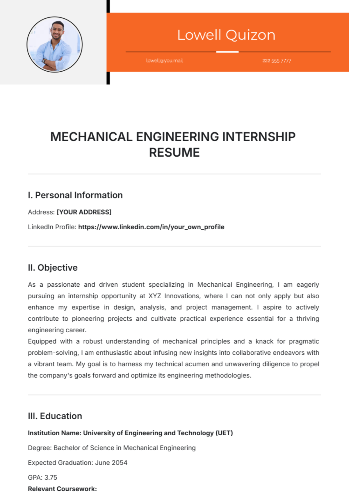 Mechanical Engineering Internship Resume Template - Edit Online & Download