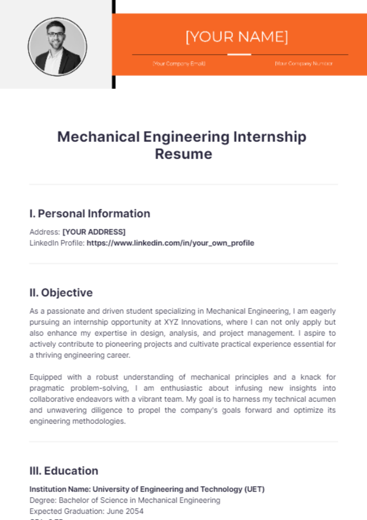 Mechanical Engineering Internship Resume - Edit Online & Download