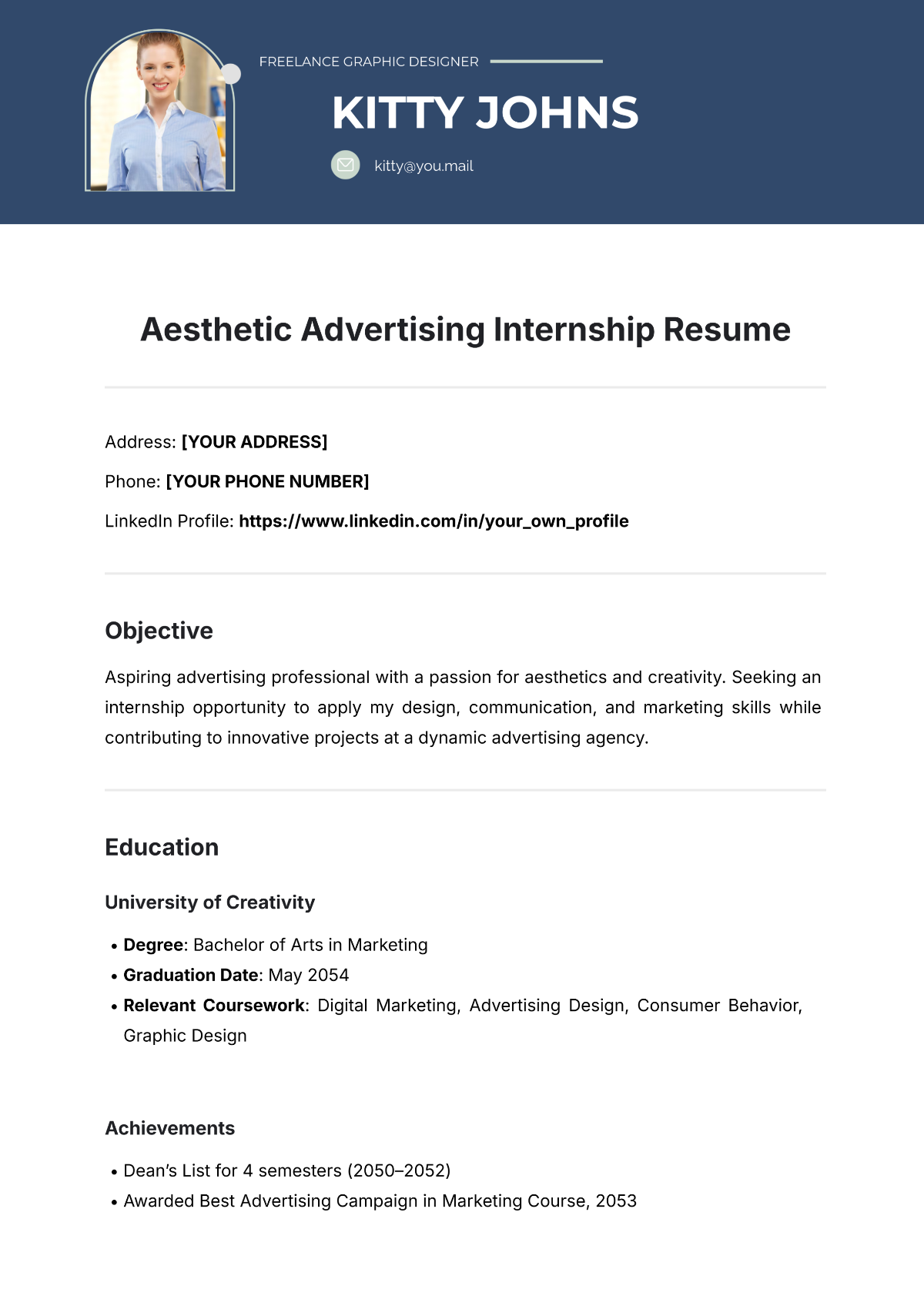 Aesthetic Advertising Internship Resume Template - Edit Online & Download