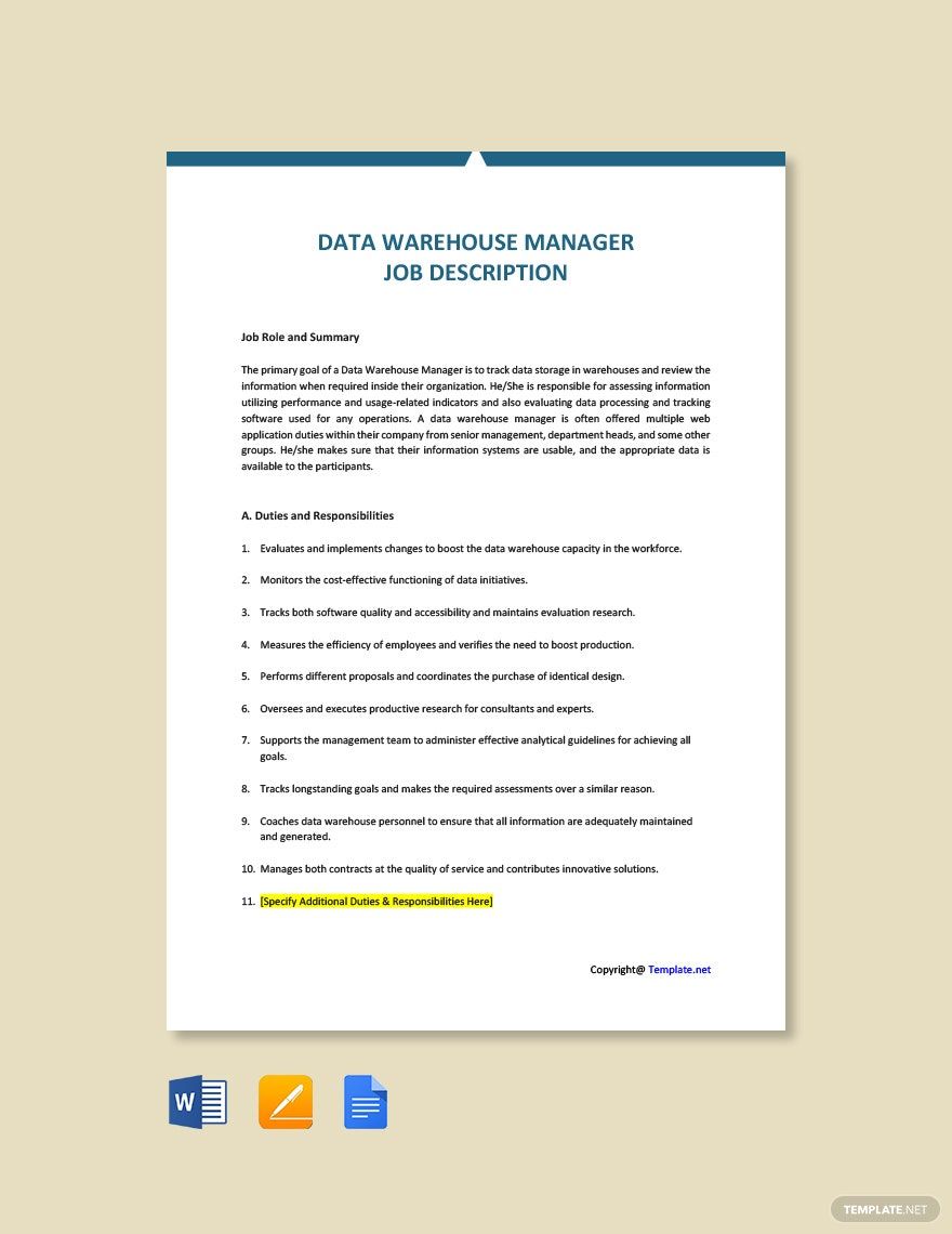 Data Warehouse Manager Job Ad And Description Template Download In 