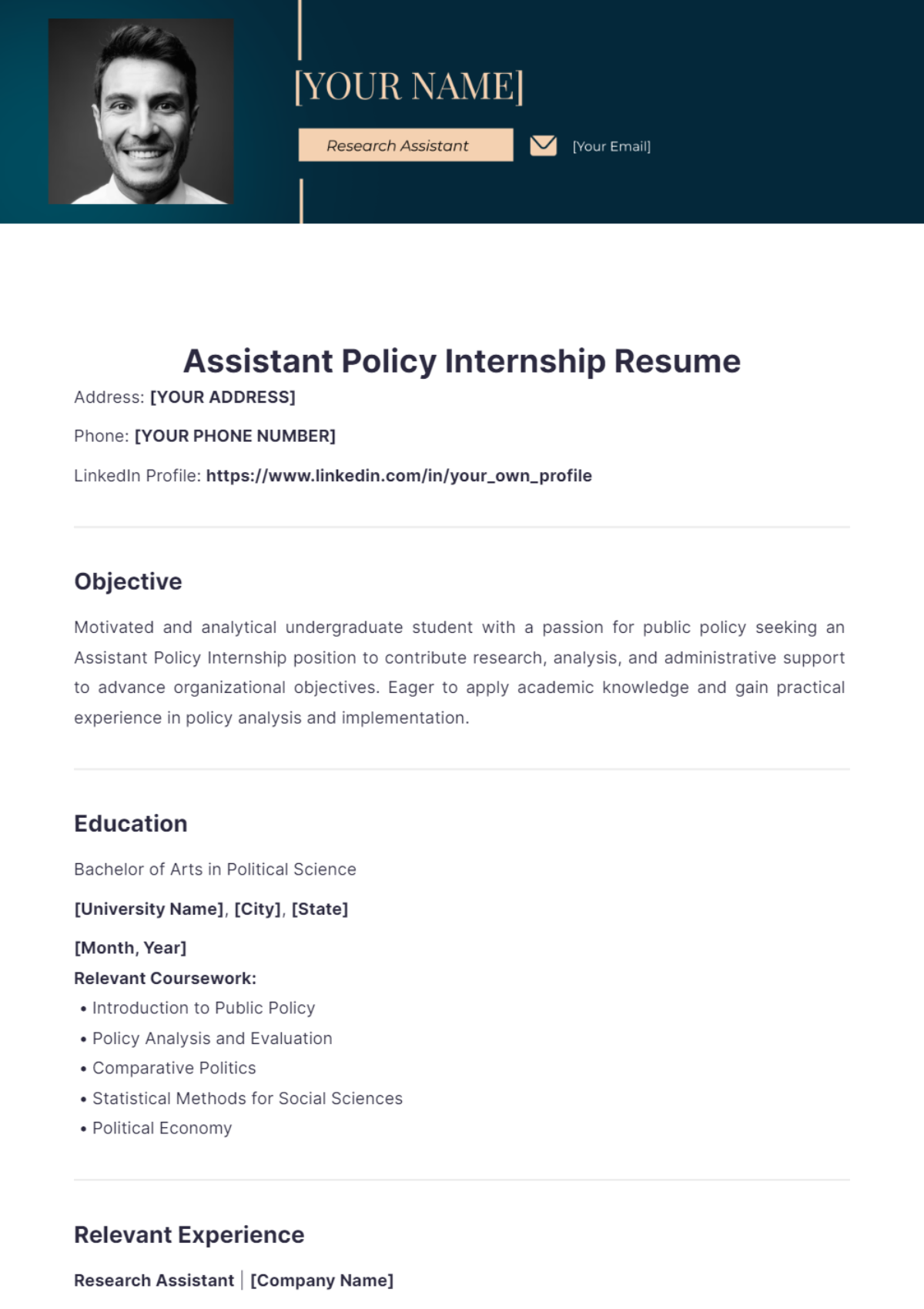 Assistant Policy Internship Resume - Edit Online & Download