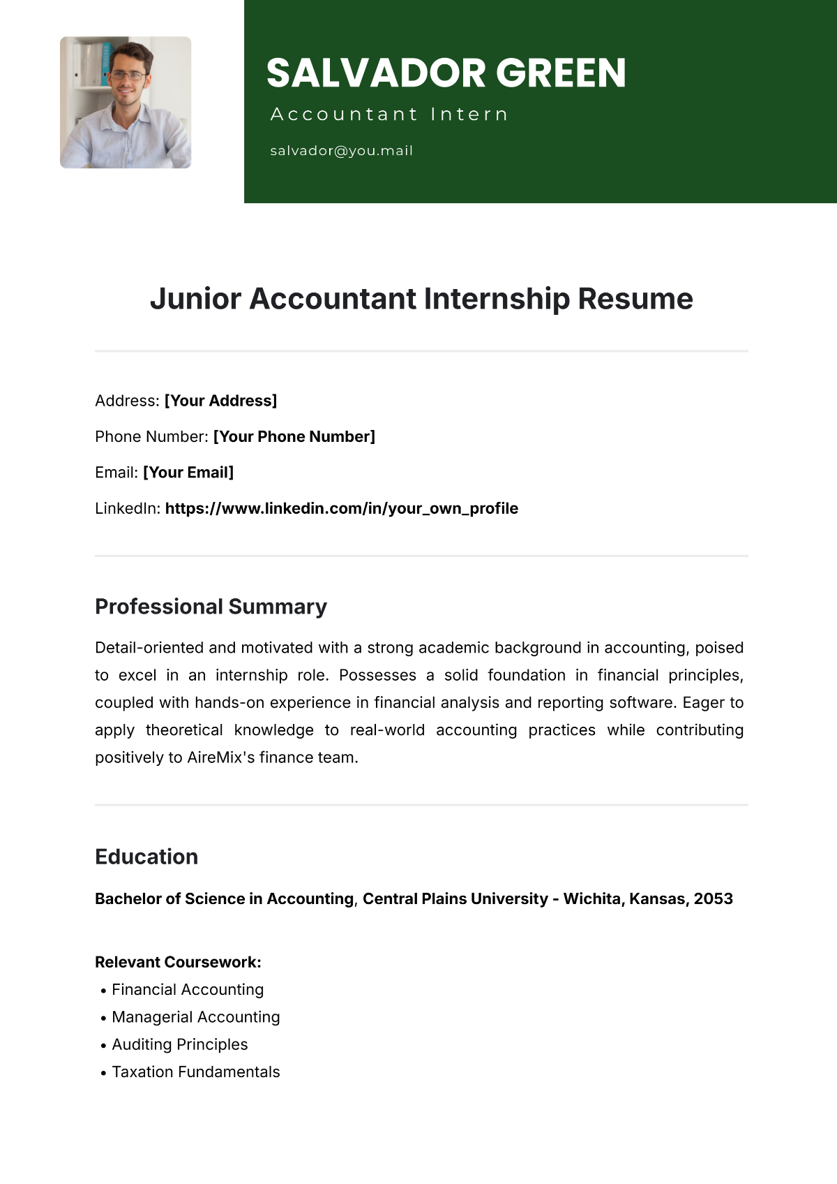 Junior Accountant Internship Resume Template - Edit Online & Download