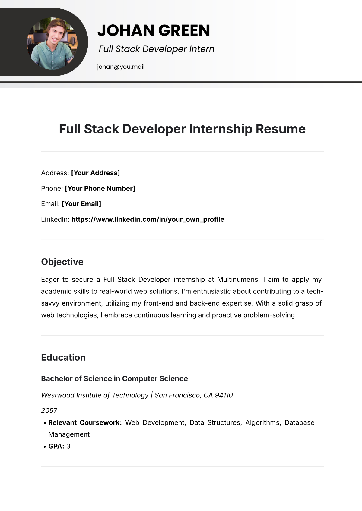 Full Stack Developer Internship Resume Template - Edit Online & Download