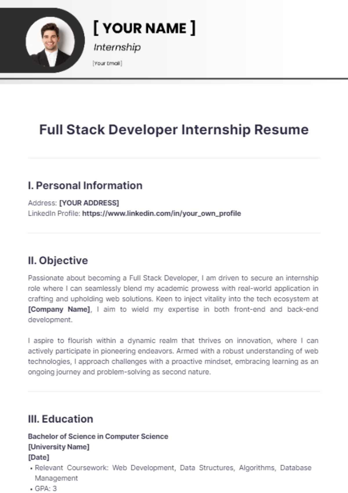 Full Stack Developer Internship Resume - Edit Online & Download