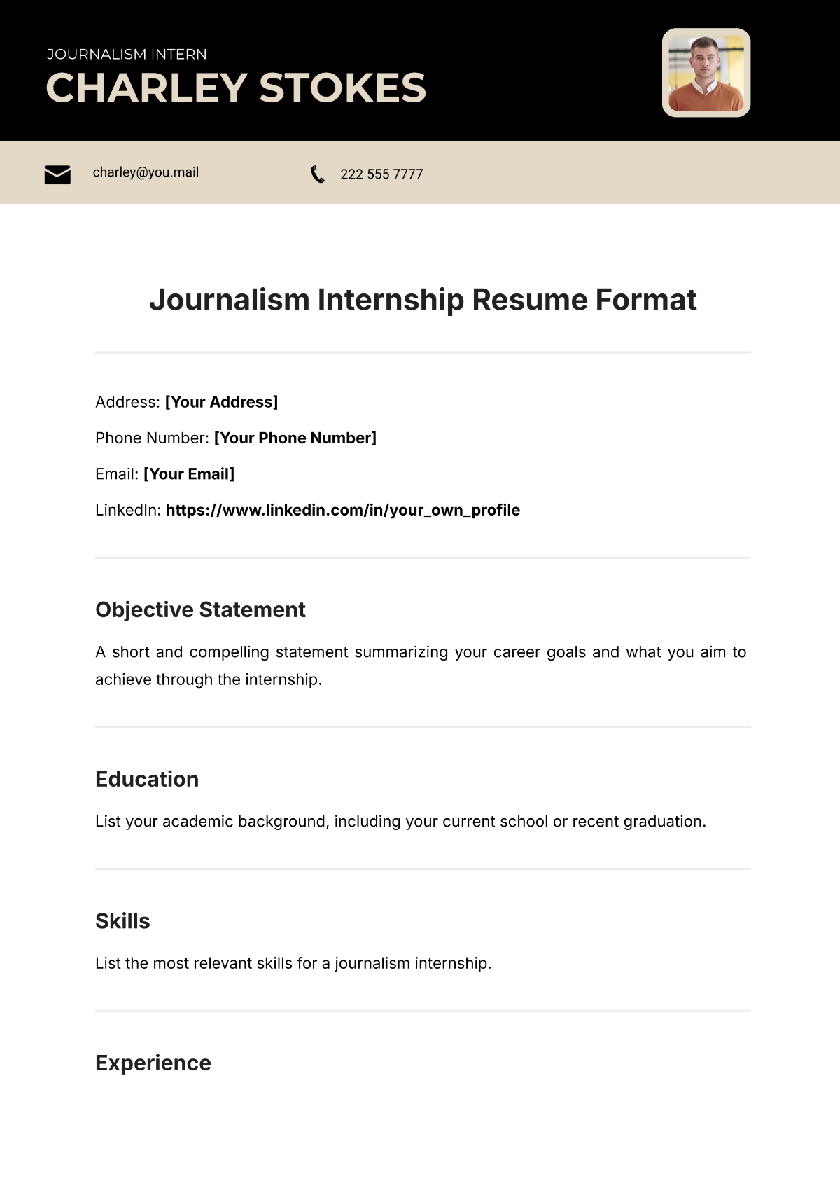 Journalism Internship Resume Format Template - Edit Online & Download