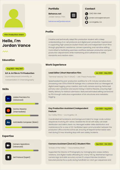 Free Film Internship ATS Resume Template, AI Resume Builder