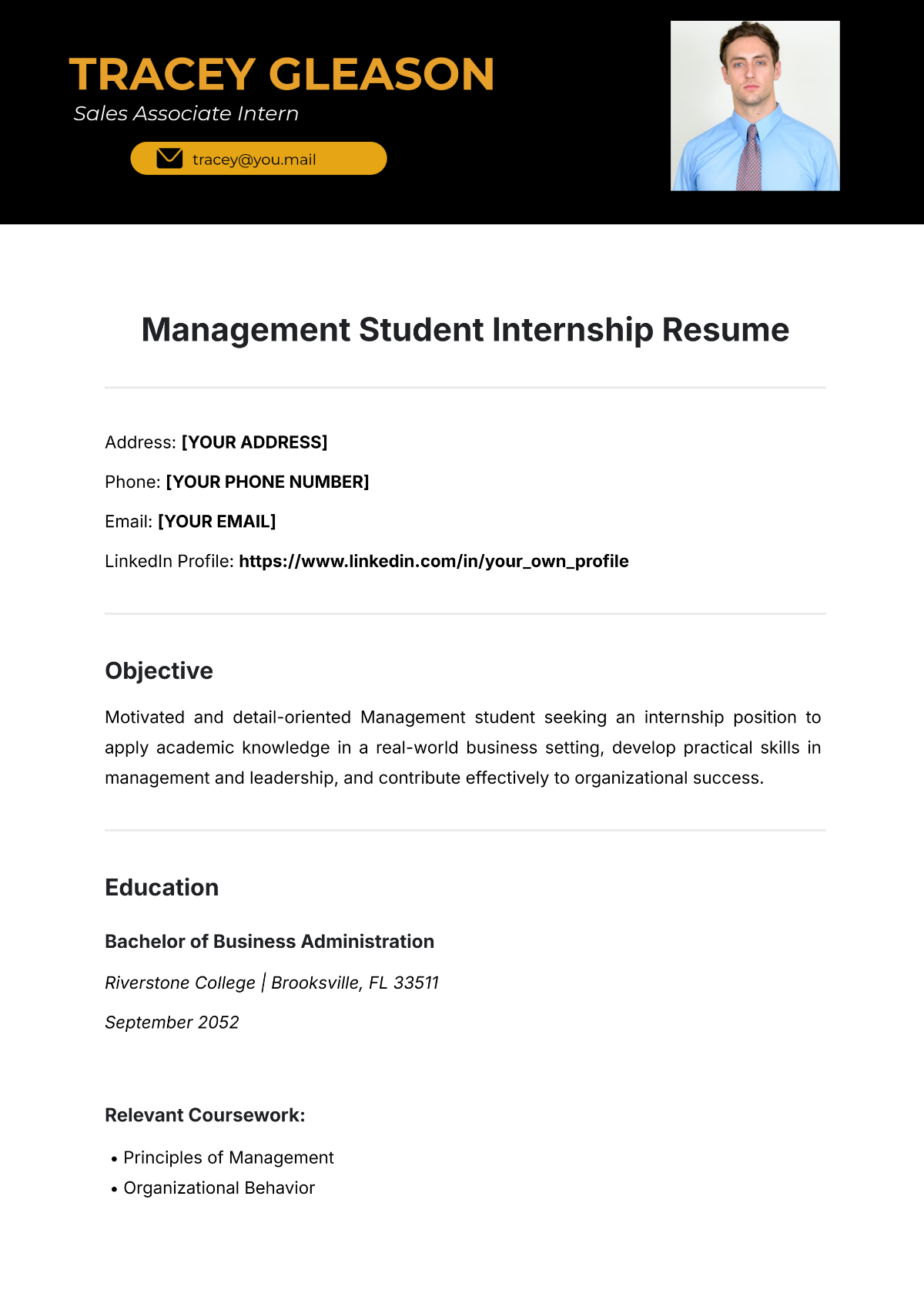 Management Student Internship Resume Template - Edit Online & Download