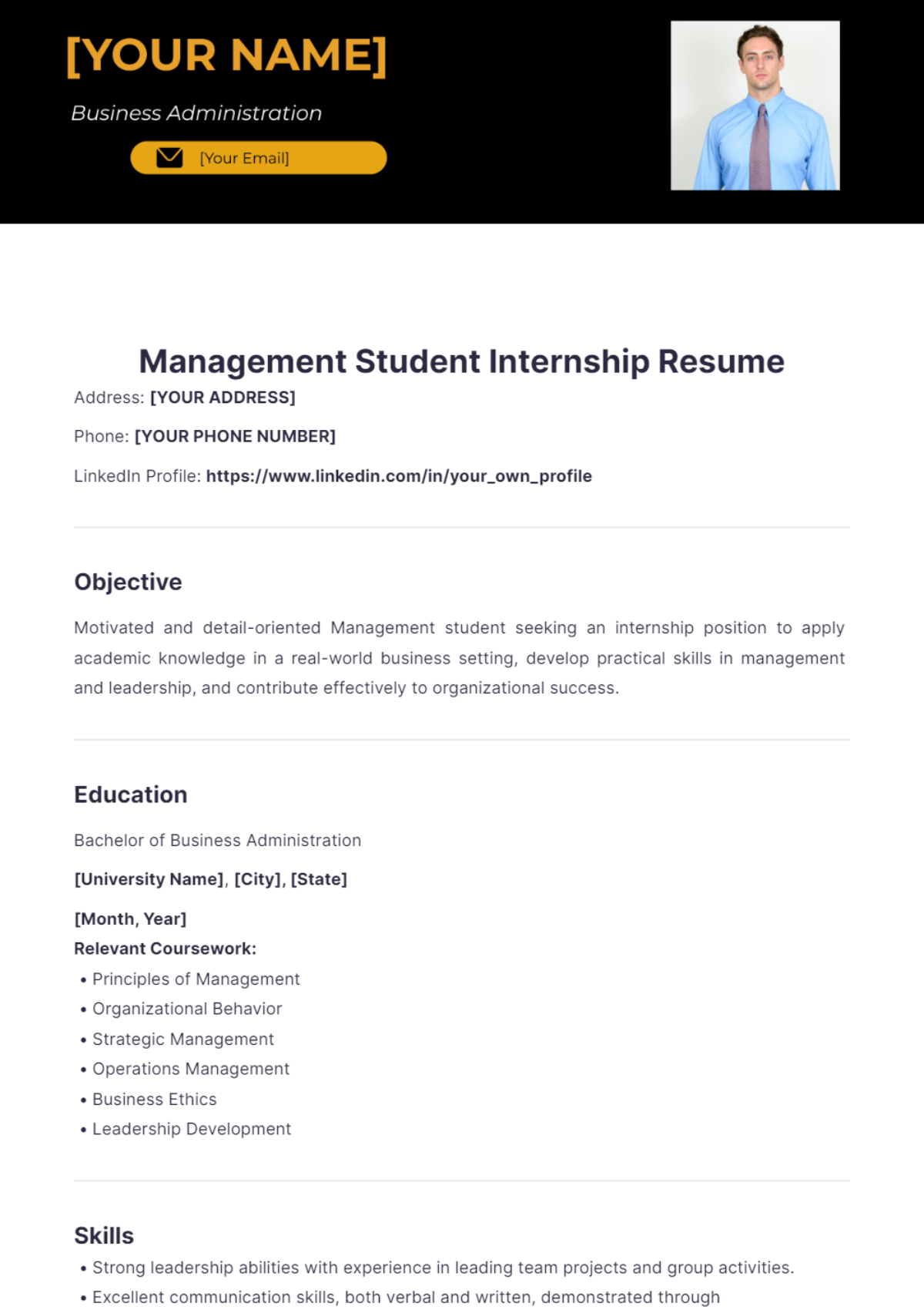 Management Student Internship Resume - Edit Online & Download