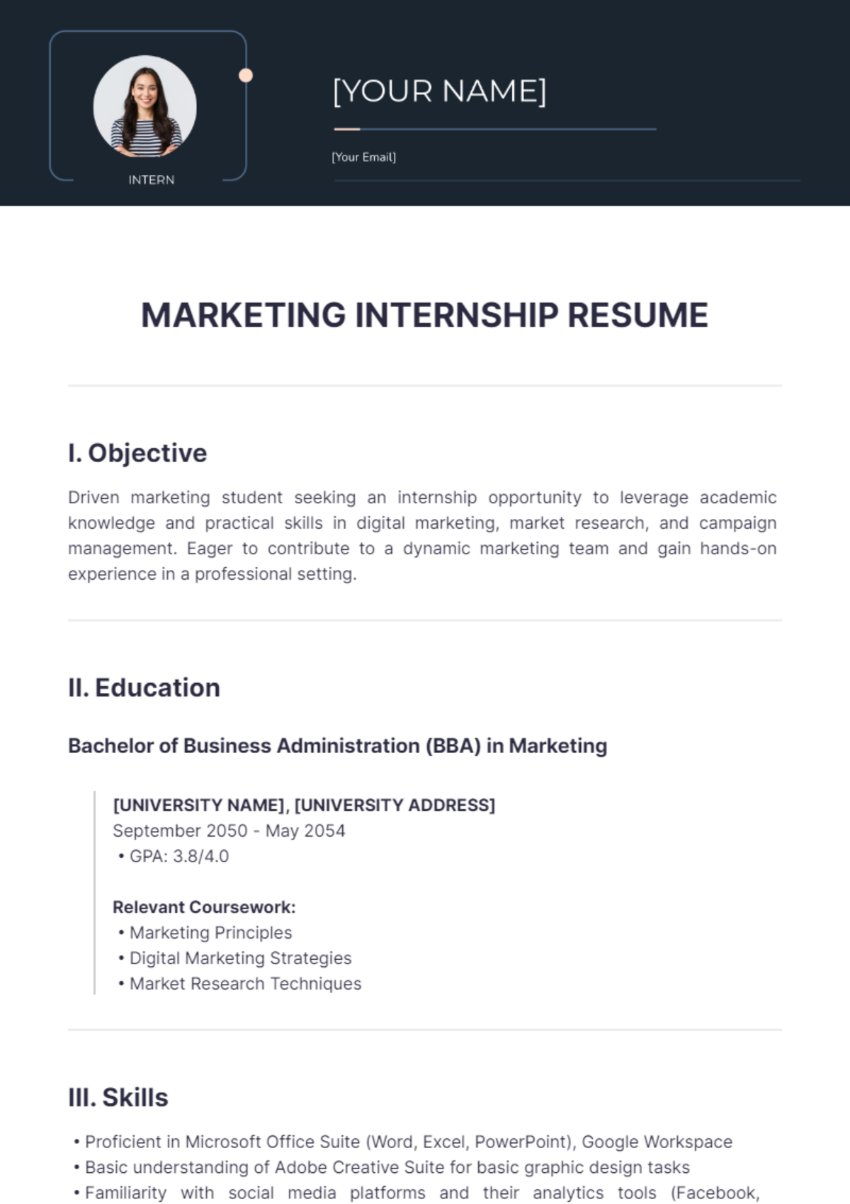 Free Marketing Internship Resume Template To Edit Online