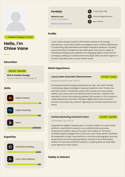 Free Fashion Internship ATS Resume Template, AI Resume Builder
