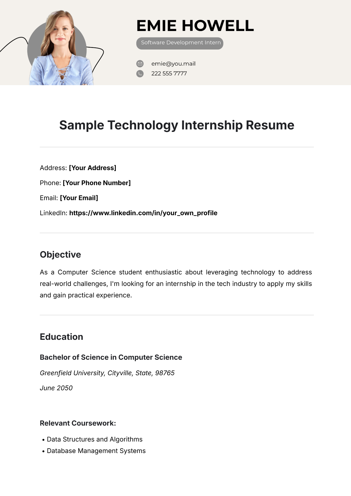 Sample Technology Internship Resume Template - Edit Online & Download