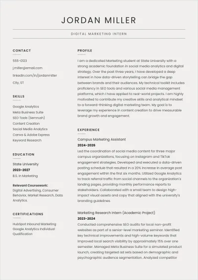 Free Digital Marketing Internship ATS Resume Template