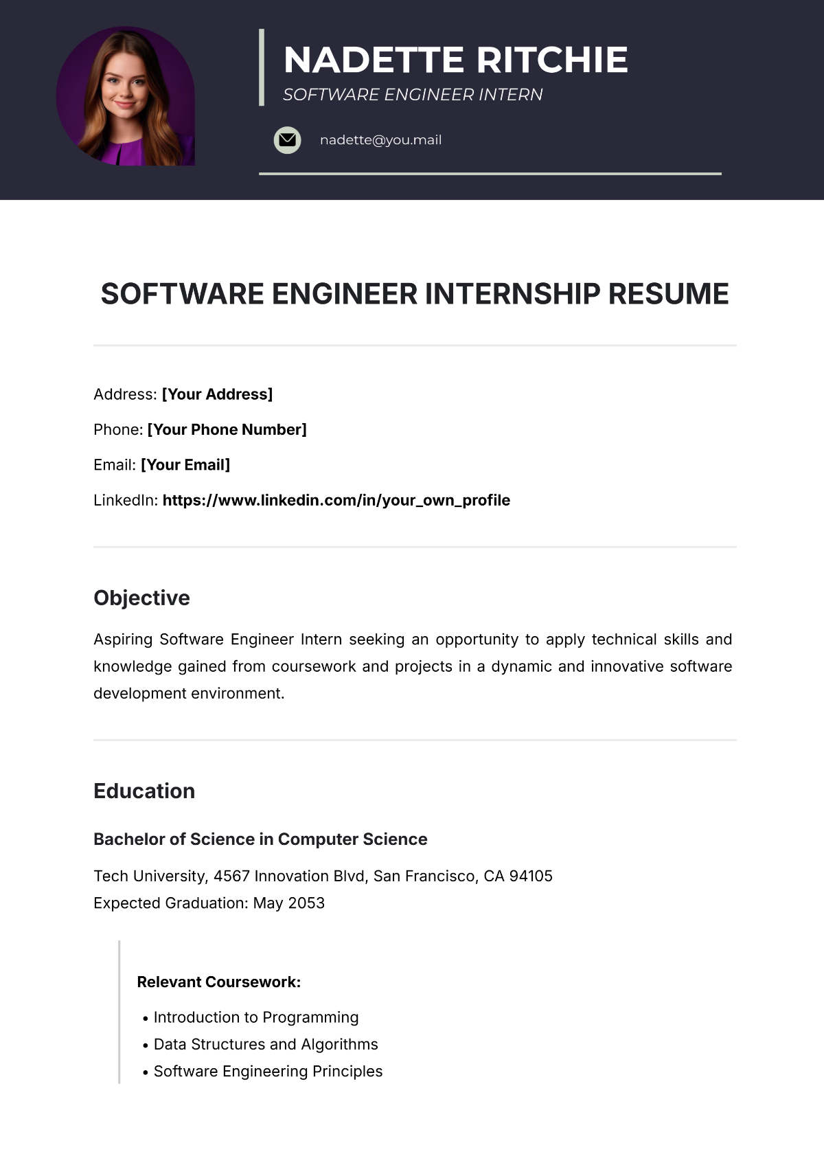 Software Engineer Internship Resume Template - Edit Online & Download