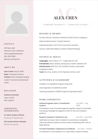 Free Software Engineer Internship ATS Resume Template