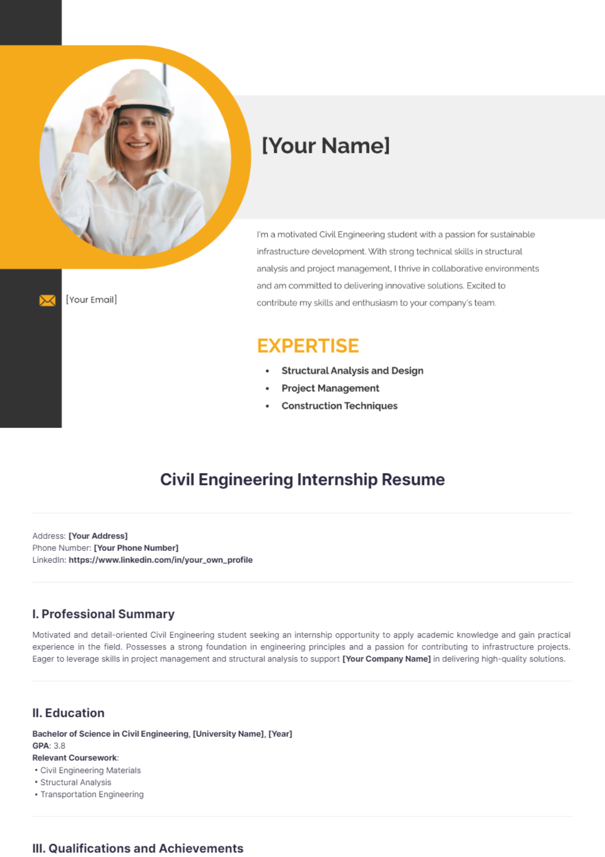 Civil Engineering Internship Resume - Edit Online & Download