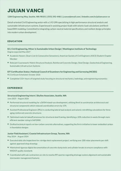 Free Civil Engineering Internship ATS Resume Template