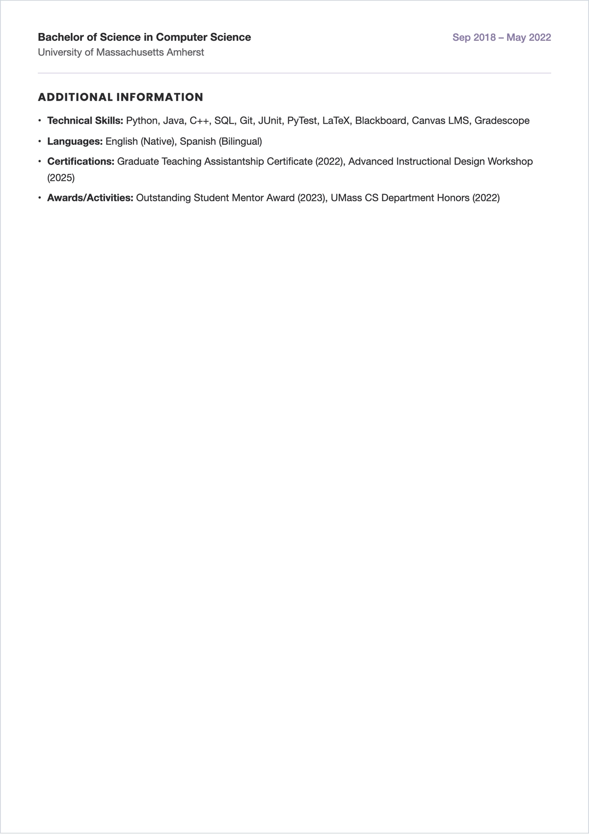 Free Computer Science Teaching Assistant ATS Resume Template