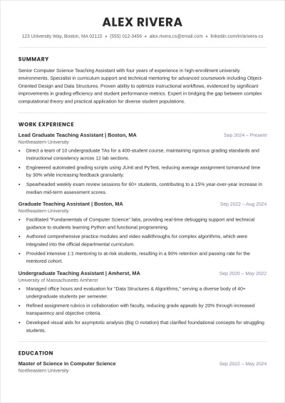 Free Computer Science Teaching Assistant ATS Resume Template