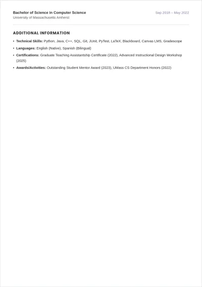Free Computer Science Teaching Assistant ATS Resume Template