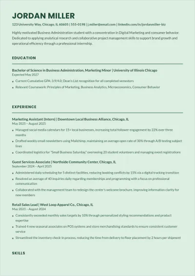 Free Undergraduate College Student ATS Resume Template