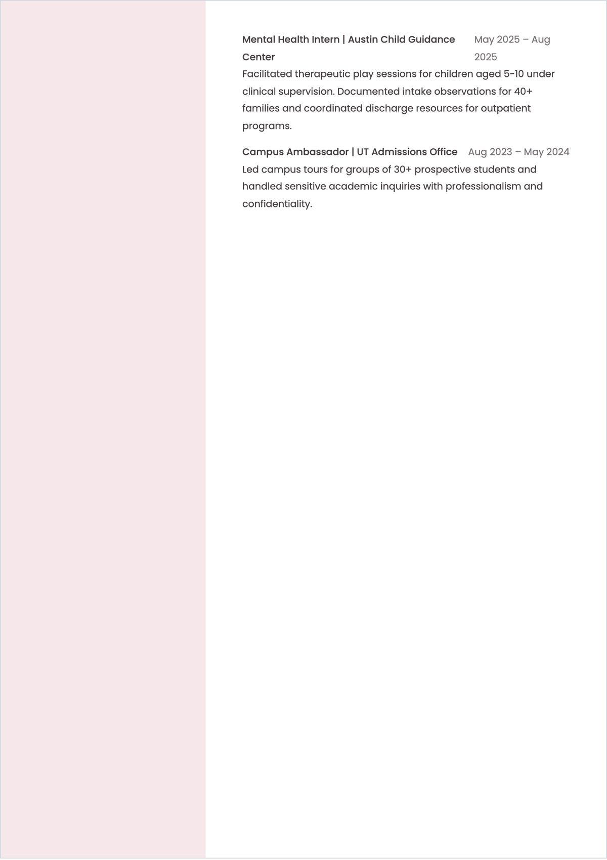 Free Psychology College Student ATS Resume Template, AI Resume Builder