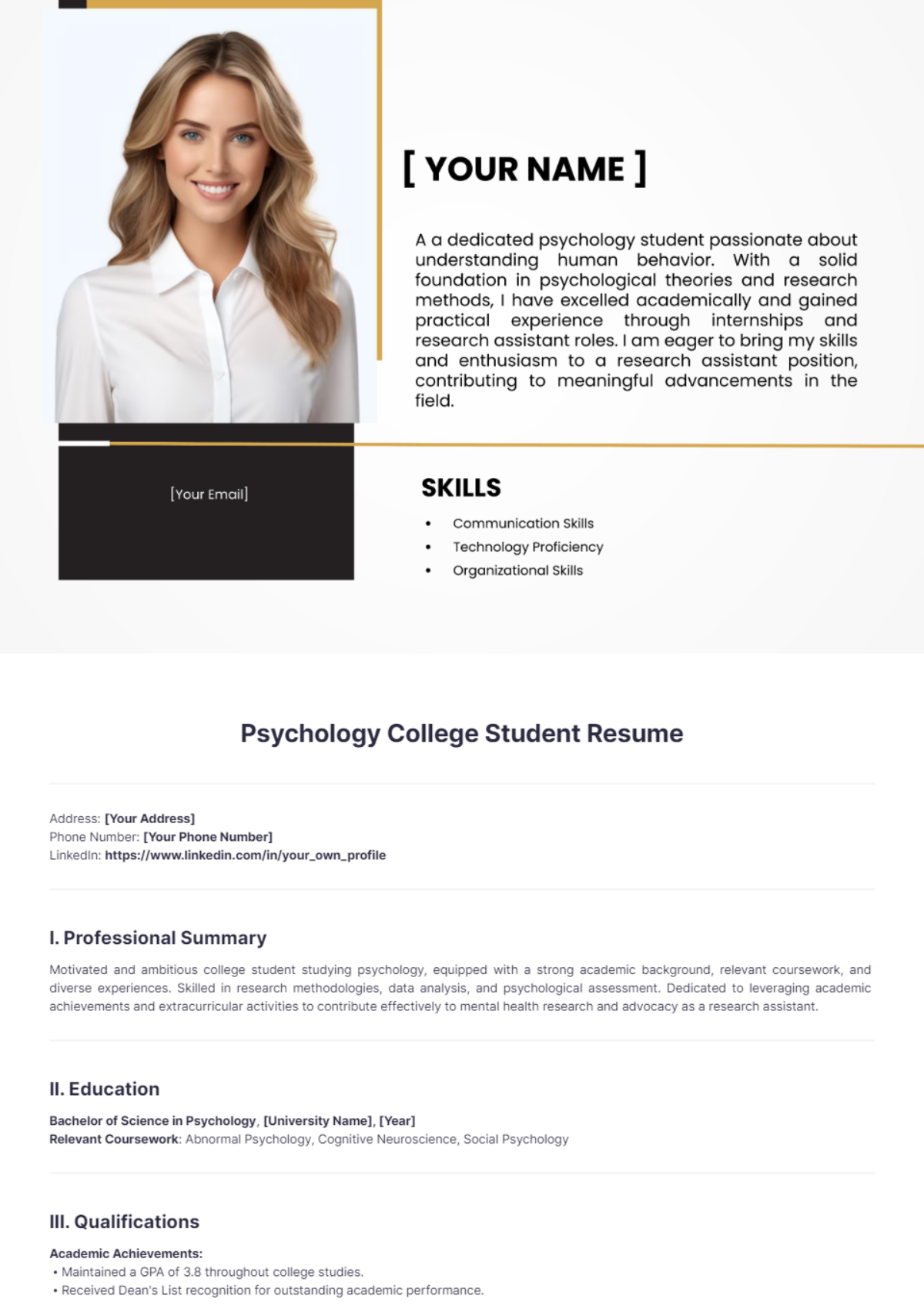 Psychology College Student Resume - Edit Online & Download