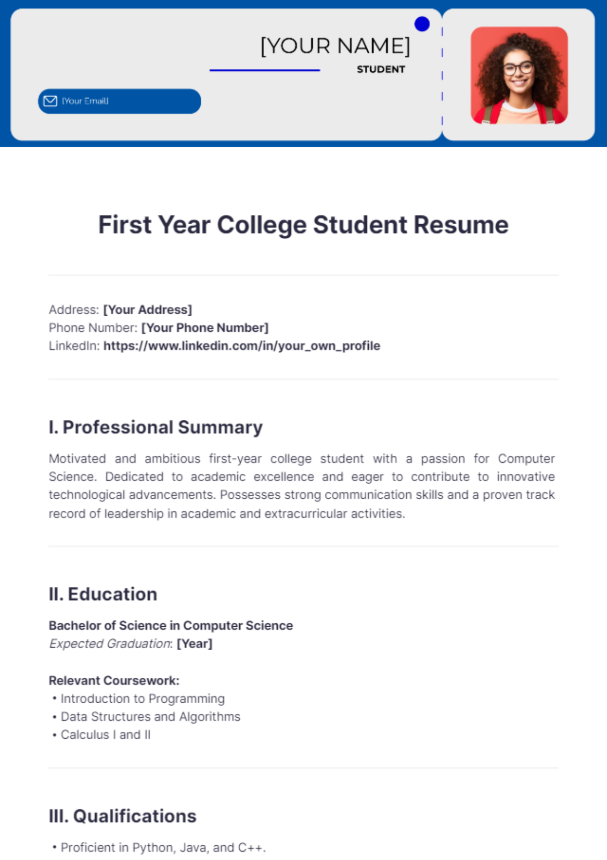 First Year College Student Resume - Edit Online & Download