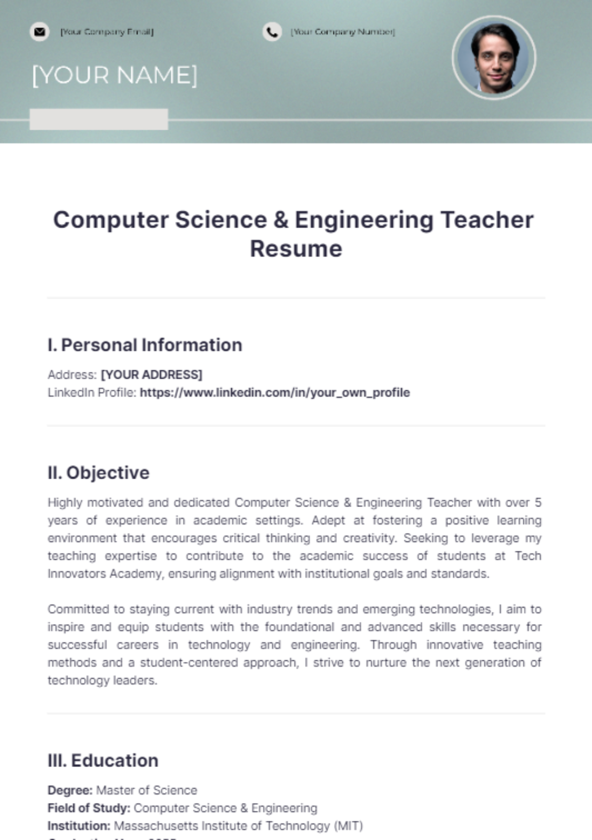 Free Computer Science & Engineering Teacher Resume