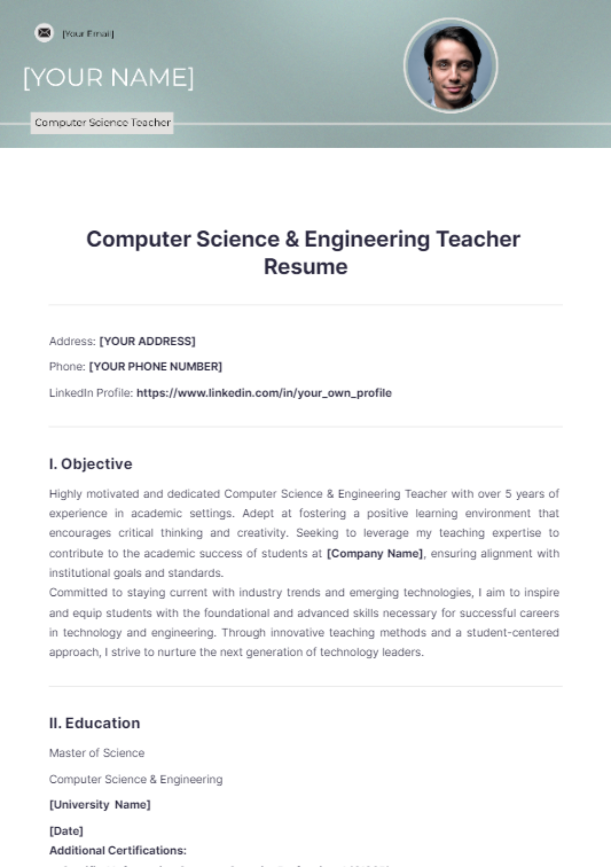 Computer Science & Engineering Teacher Resume - Edit Online & Download