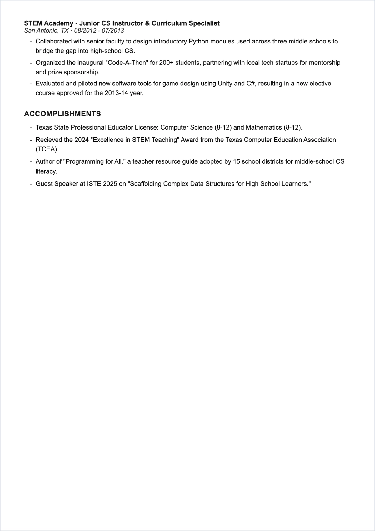 Free Computer Science & Engineering Teacher ATS Resume Template