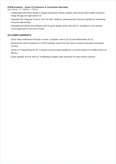 Free Computer Science & Engineering Teacher ATS Resume Template