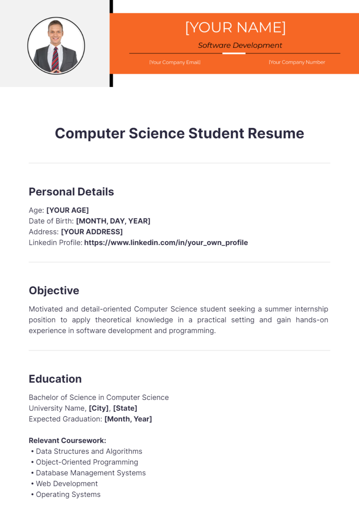 Computer Science Student Resume - Edit Online & Download Example ...