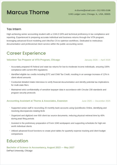 Free Tax Internship ATS Resume Template, AI Resume Builder