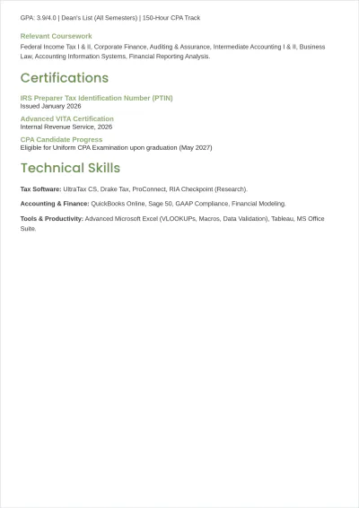 Free Tax Internship ATS Resume Template, AI Resume Builder