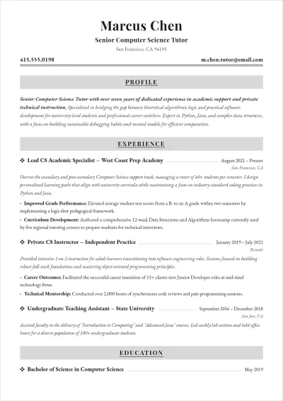 Free Computer Science Tutor ATS Resume Template, AI Resume Builder