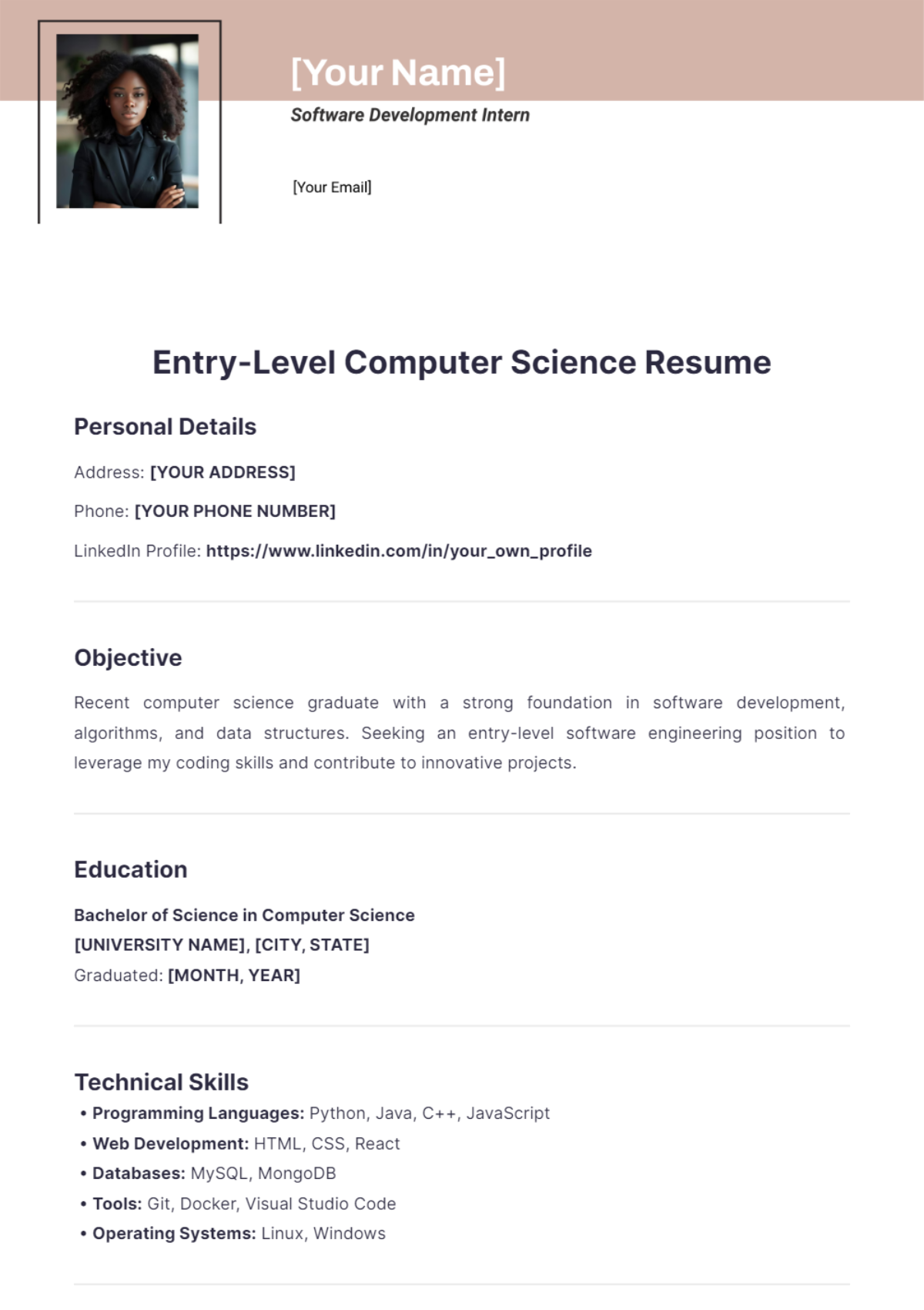 Entry-Level Computer Science Resume - Edit Online & Download