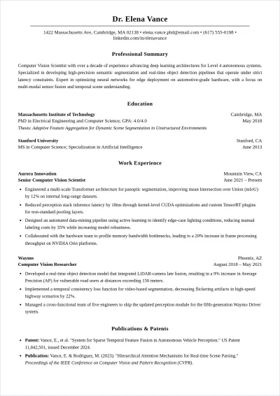 Free Senior Computer Vision Scientist ATS Resume Template
