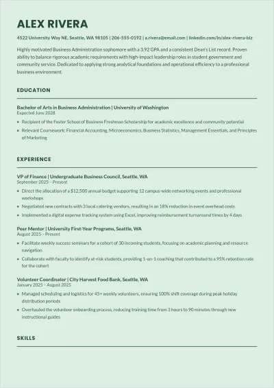 Free College Student ATS Resume With No Experience Template