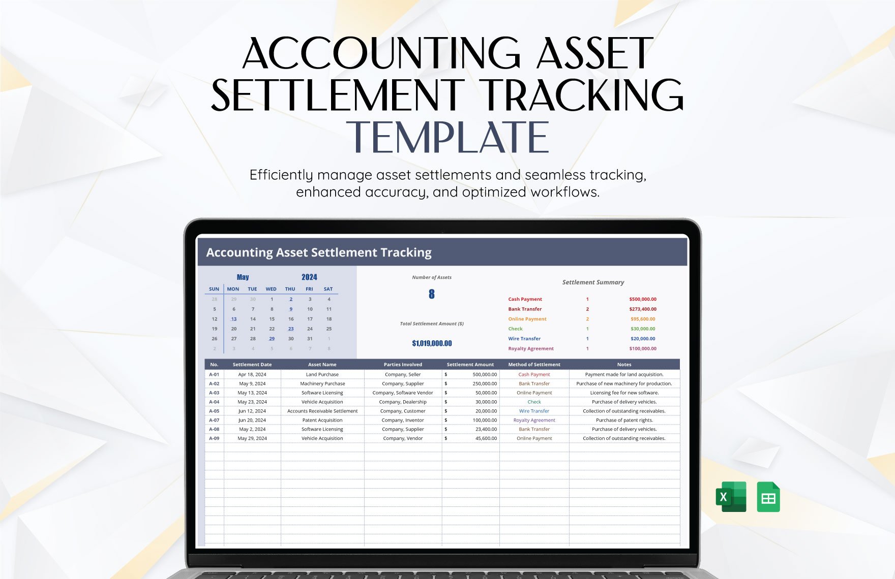 Accounting Asset Settlement Tracking Template in Excel, Google Sheets